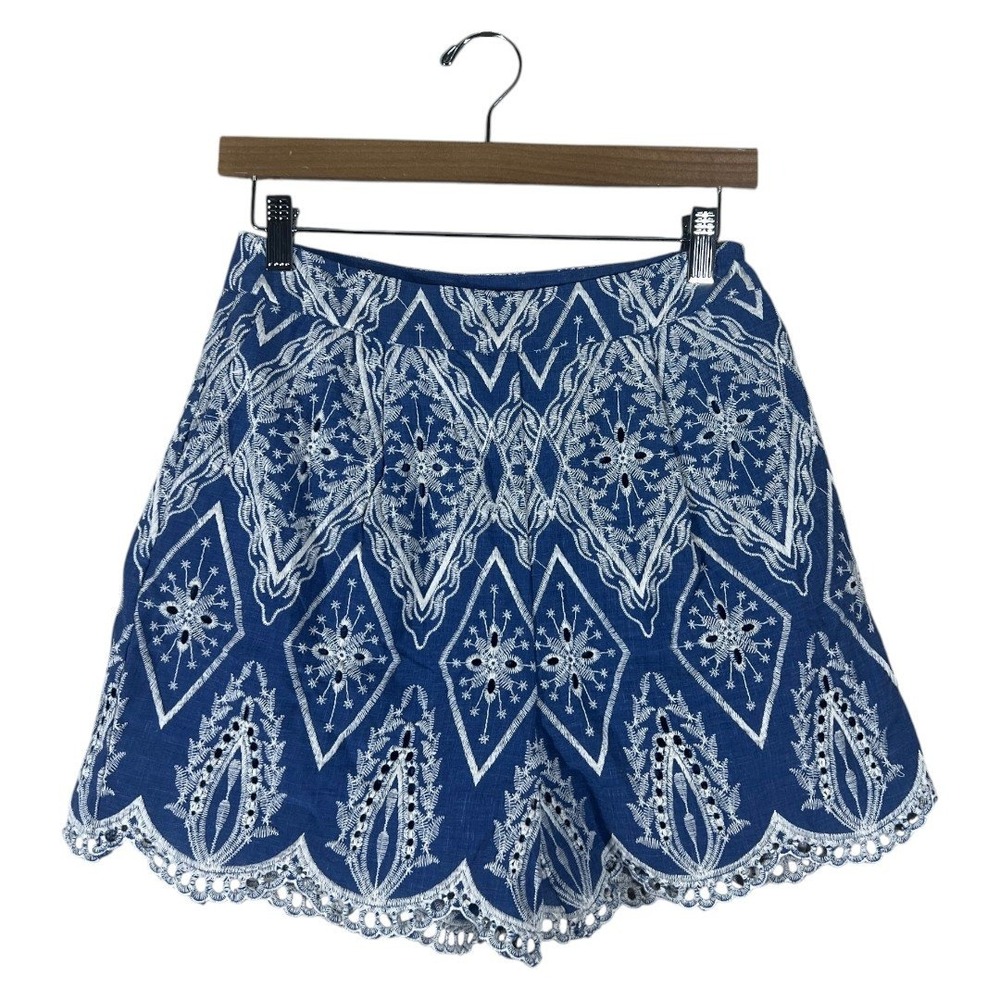 NWT Mango MNG Embroidered Geometric Eyelet Shorts Blue Boho Scallop Size S